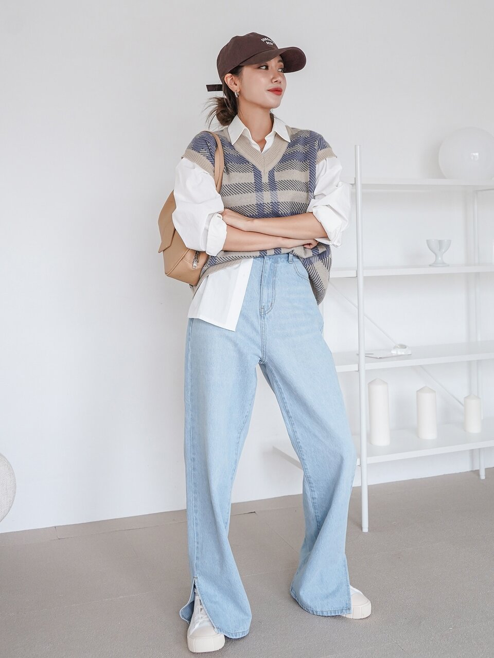 Plaid V-neck Sweater Vest Without Blouse