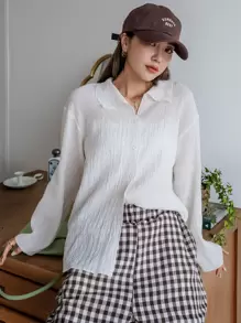 DAZY Solid Drop Shoulder Button Up Shirt,Long Sleeve Tops,Fall Women Clothes - White - View 1