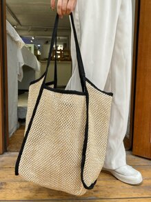 DAZY Contrast Trim Mesh Tote Bag - Khaki - View 1