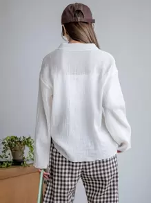 DAZY Solid Drop Shoulder Button Up Shirt,Long Sleeve Tops,Fall Women Clothes - White - View 2