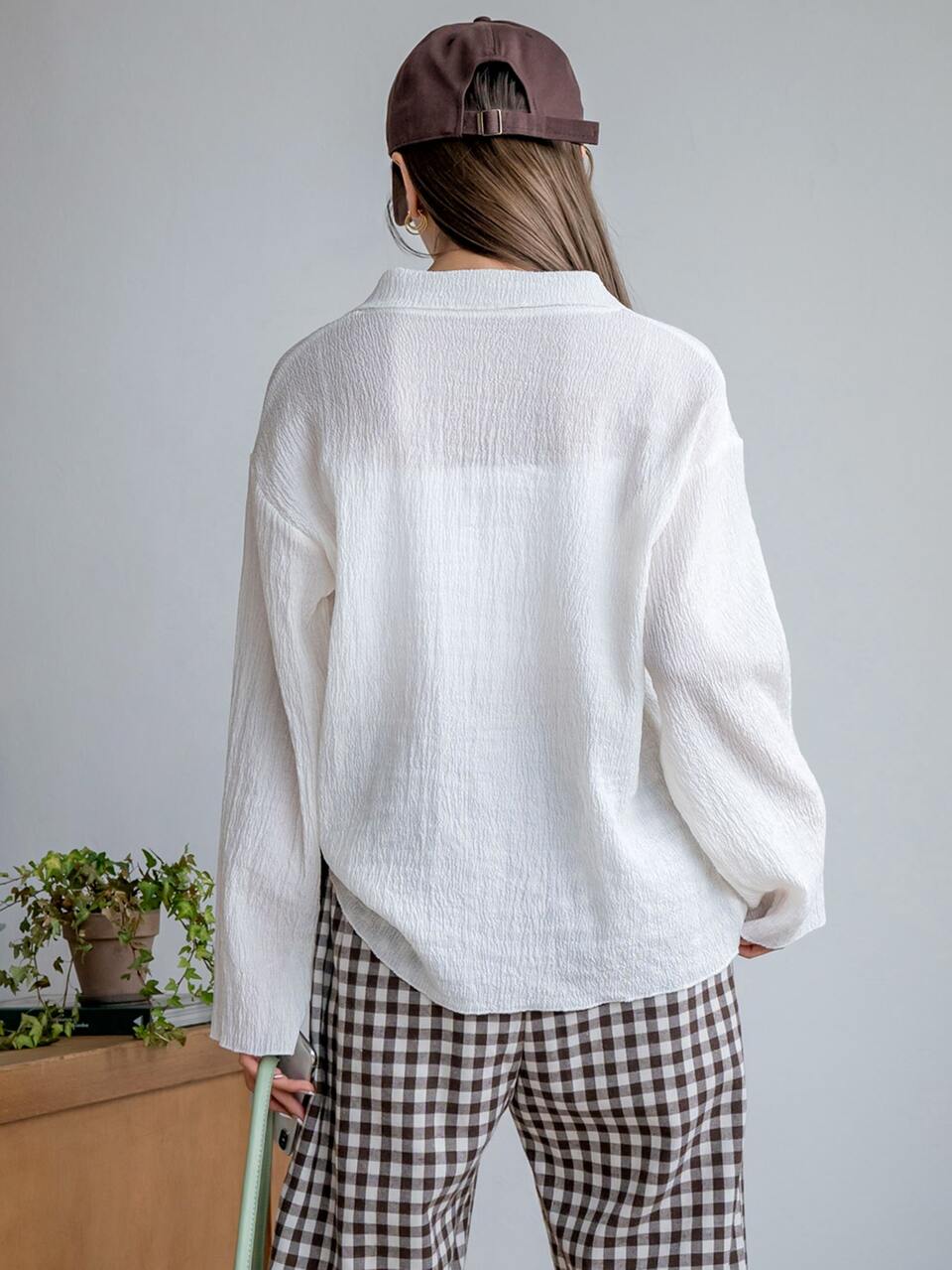 Solid Drop Shoulder Button Up Shirt,Long Sleeve Tops,Fall Women Clothes