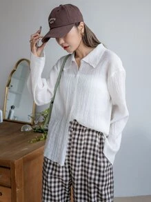 DAZY Solid Drop Shoulder Button Up Shirt,Long Sleeve Tops,Fall Women Clothes - White - View 3