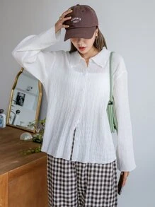 DAZY Solid Drop Shoulder Button Up Shirt,Long Sleeve Tops,Fall Women Clothes - White - View 5