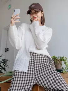 DAZY Solid Drop Shoulder Button Up Shirt,Long Sleeve Tops,Fall Women Clothes - White - View 6