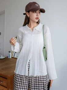 DAZY Solid Drop Shoulder Button Up Shirt,Long Sleeve Tops,Fall Women Clothes - White - View 7