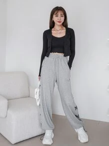 DAZY Fjärilsmönstrade Träningsbyxor med dragsko, Damjoggingbyxor Höst - Grå - Visa 9