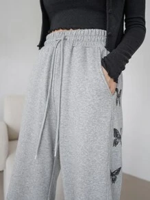 DAZY Fjärilsmönstrade Träningsbyxor med dragsko, Damjoggingbyxor Höst - Grå - Visa 4