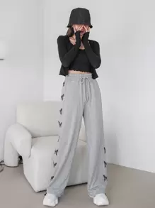 DAZY Fjärilsmönstrade Träningsbyxor med dragsko, Damjoggingbyxor Höst - Grå - Visa 5