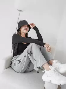 DAZY Fjärilsmönstrade Träningsbyxor med dragsko, Damjoggingbyxor Höst - Grå - Visa 7