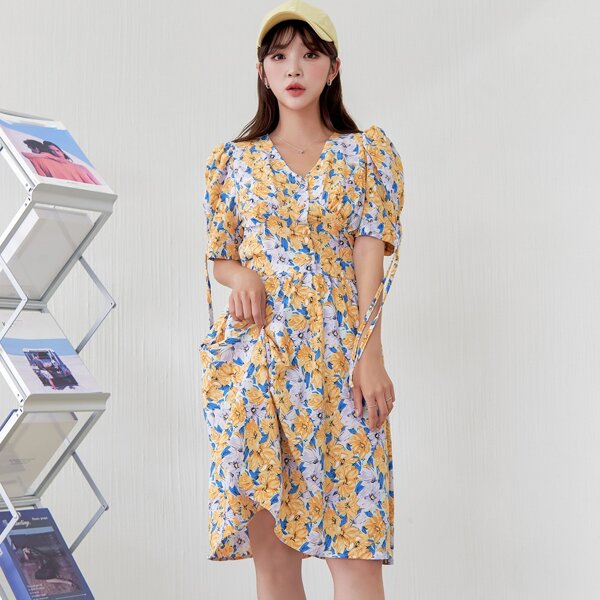 

Floral Knot Cuff Puff Sleeve A-line Dress, Multicolor