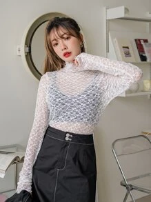 DAZY Sheer Lace Mock Neck Top - White - View 1