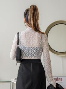 DAZY Sheer Lace Mock Neck Top - White - View 2