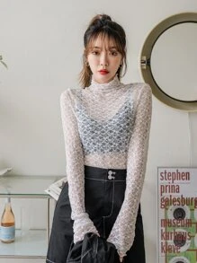 DAZY Sheer Lace Mock Neck Top - White - View 5