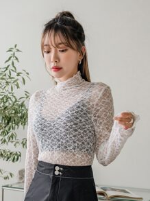 DAZY Sheer Lace Mock Neck Top - White - View 6