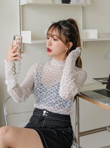 DAZY Sheer Lace Mock Neck Top - White - View 7