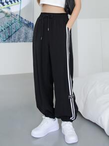 DAZY Striped Taped Side Patch Detail Trousers - Black - View 1