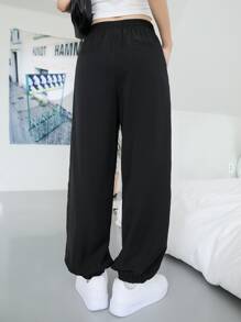 DAZY Striped Taped Side Patch Detail Trousers - Black - View 2