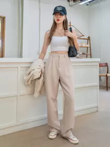 DAZY Plicated Wide Leg Tailored Trousers - Beige - View 6