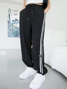 DAZY Striped Taped Side Patch Detail Trousers - Black - View 4