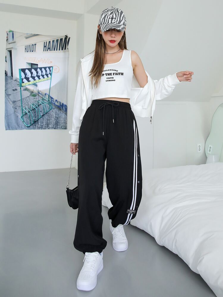 DAZY Pantalones de rayas con cinta lado con diseño de parche - Negro - Añade 6
