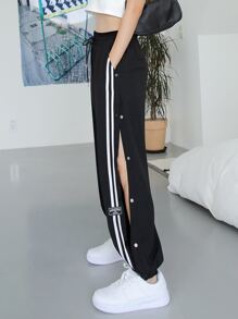 DAZY Striped Taped Side Patch Detail Trousers - Black - View 7