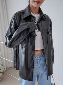 DAZY Flap Pocket Drop Shoulder PU Leather Coat - Black - View 1