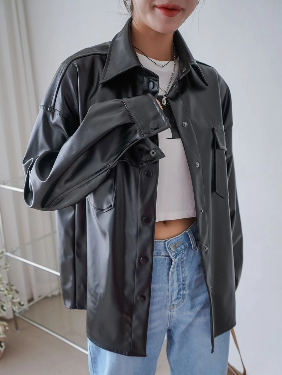 DAZY Flap Pocket Drop Shoulder PU Leather Coat - Black - View 1