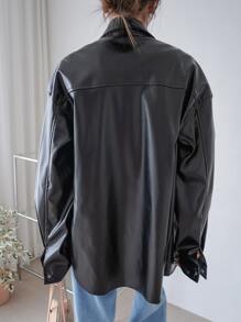 DAZY Flap Pocket Drop Shoulder PU Leather Coat - Black - View 2