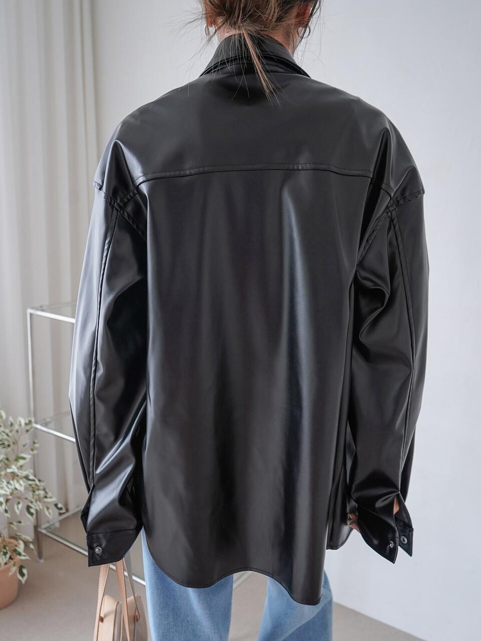 Flap Pocket Drop Shoulder PU Leather Coat