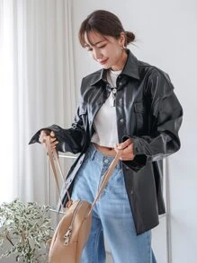 DAZY Flap Pocket Drop Shoulder PU Leather Coat - Black - View 3