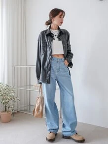 DAZY Flap Pocket Drop Shoulder PU Leather Coat - Black - View 4