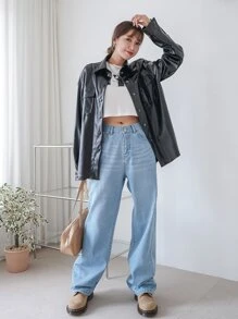 DAZY Flap Pocket Drop Shoulder PU Leather Coat - Black - View 5