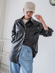 DAZY Flap Pocket Drop Shoulder PU Leather Coat - Black - View 6