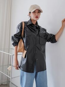 DAZY Flap Pocket Drop Shoulder PU Leather Coat - Black - View 7