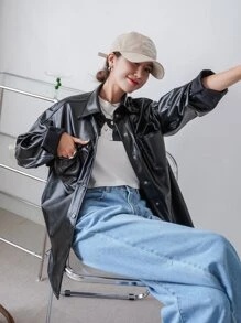 DAZY Flap Pocket Drop Shoulder PU Leather Coat - Black - View 8