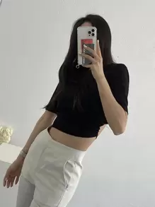 DAZY Tie Back Slim Fit Tee,Crop Tops Women - Black - View 2