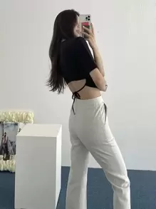 DAZY Tie Back Slim Fit Tee,Crop Tops Women - Black - View 4