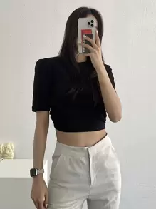 DAZY Tie Back Slim Fit Tee,Crop Tops Women - Black - View 5