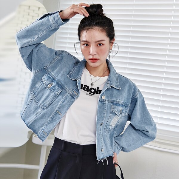 

Flap Pocket Ripped Denim Jacket, Light wash