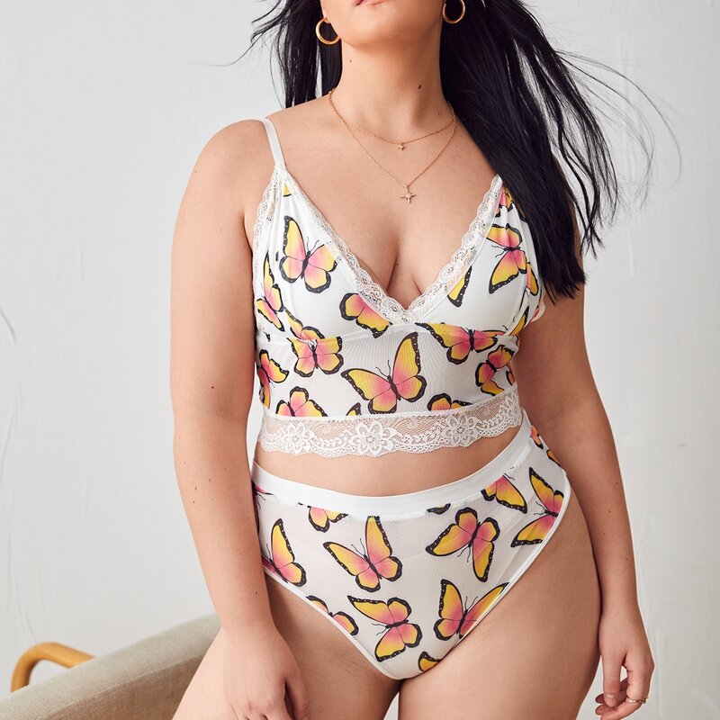 

Plus Butterfly Print Lace Trim Lingerie Set, Multicolor