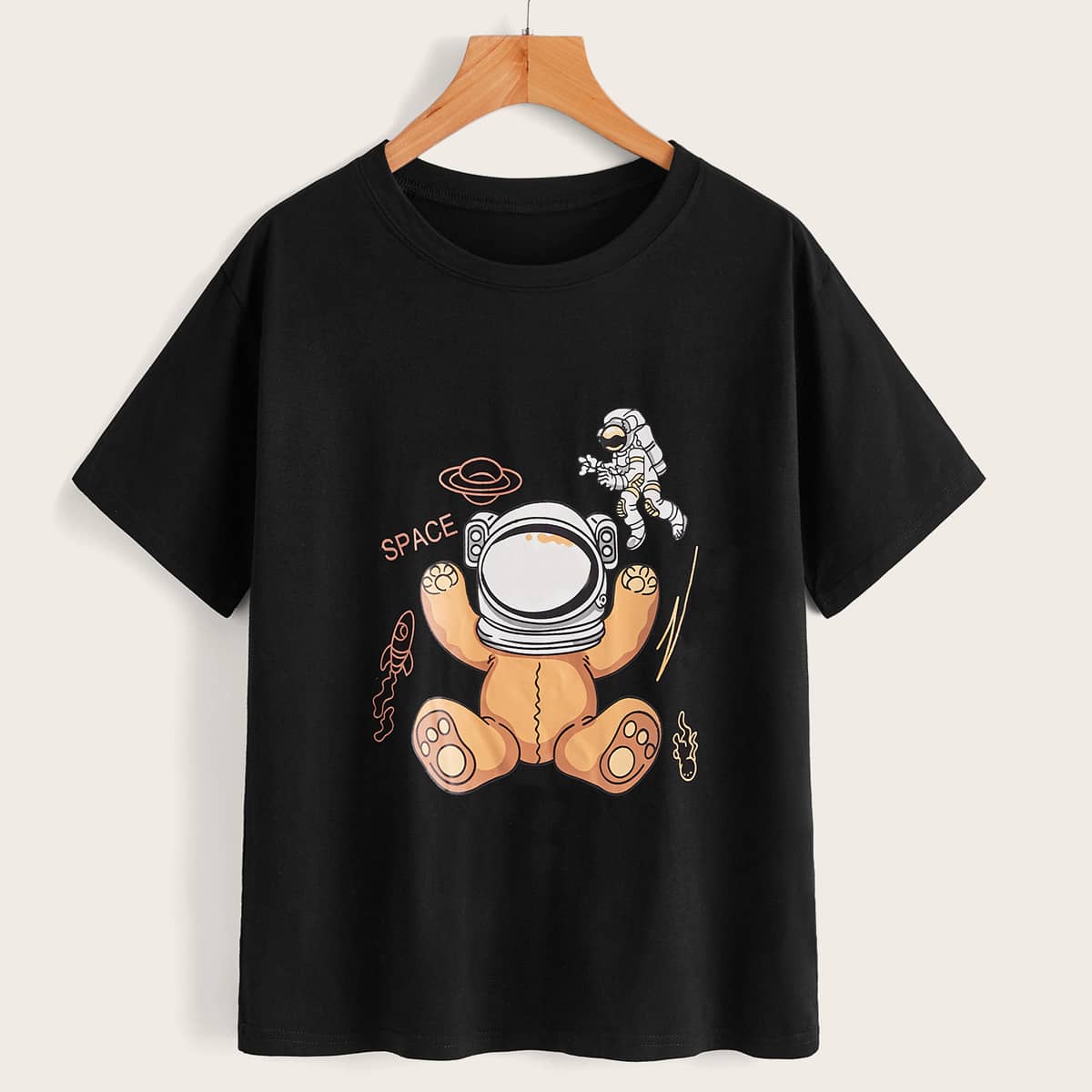 

Letter Cartoon Bear & Spaceman Graphic Tee, Black