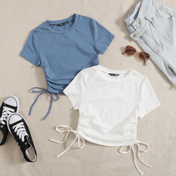 

Plus 2pcs Solid Drawstring Side Tee, Multicolor