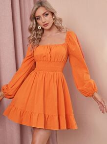 SHEIN VCAY Neon Orange Tie Back Shirred Waist Ruffle Hem Dress - Orange - View 4