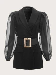 SHEIN MOD Mesh Panel Belted Flap Detail Blazer - Black - View 1