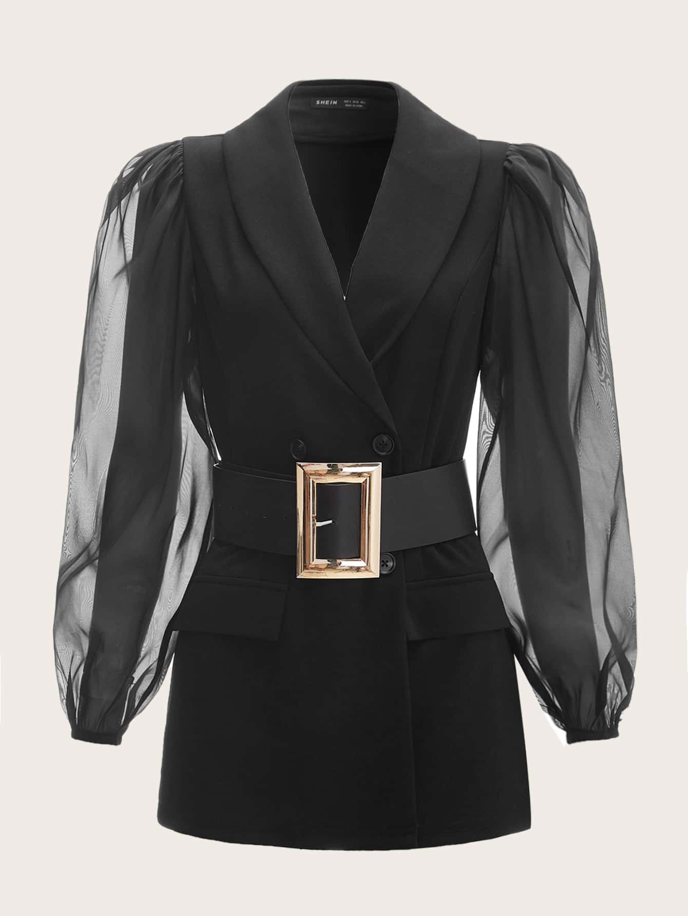 SHEIN MOD Mesh Panel Belted Flap Detail Blazer - Black - View 1