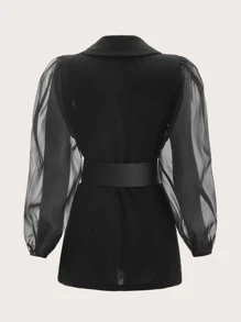 SHEIN MOD Mesh Panel Belted Flap Detail Blazer - Black - View 2