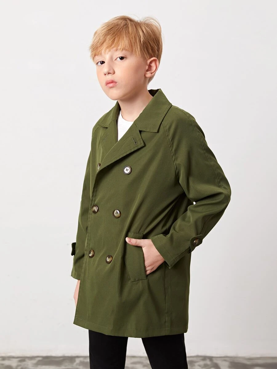 SHEIN Boys Double Breasted Trench Coat - Army Green - View 1
