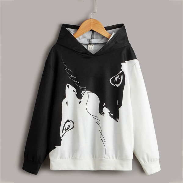 

Boys Animal Print Drop Shoulder Hoodie, Black and white