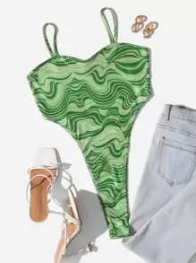 Soleia Allover Print Cami Bodysuit - Green - View 1