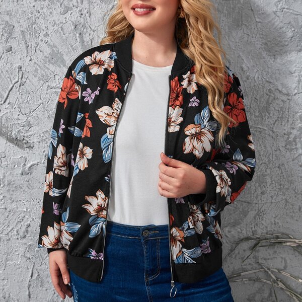 

Plus Floral Print Zip Up Bomber Jacket, Multicolor